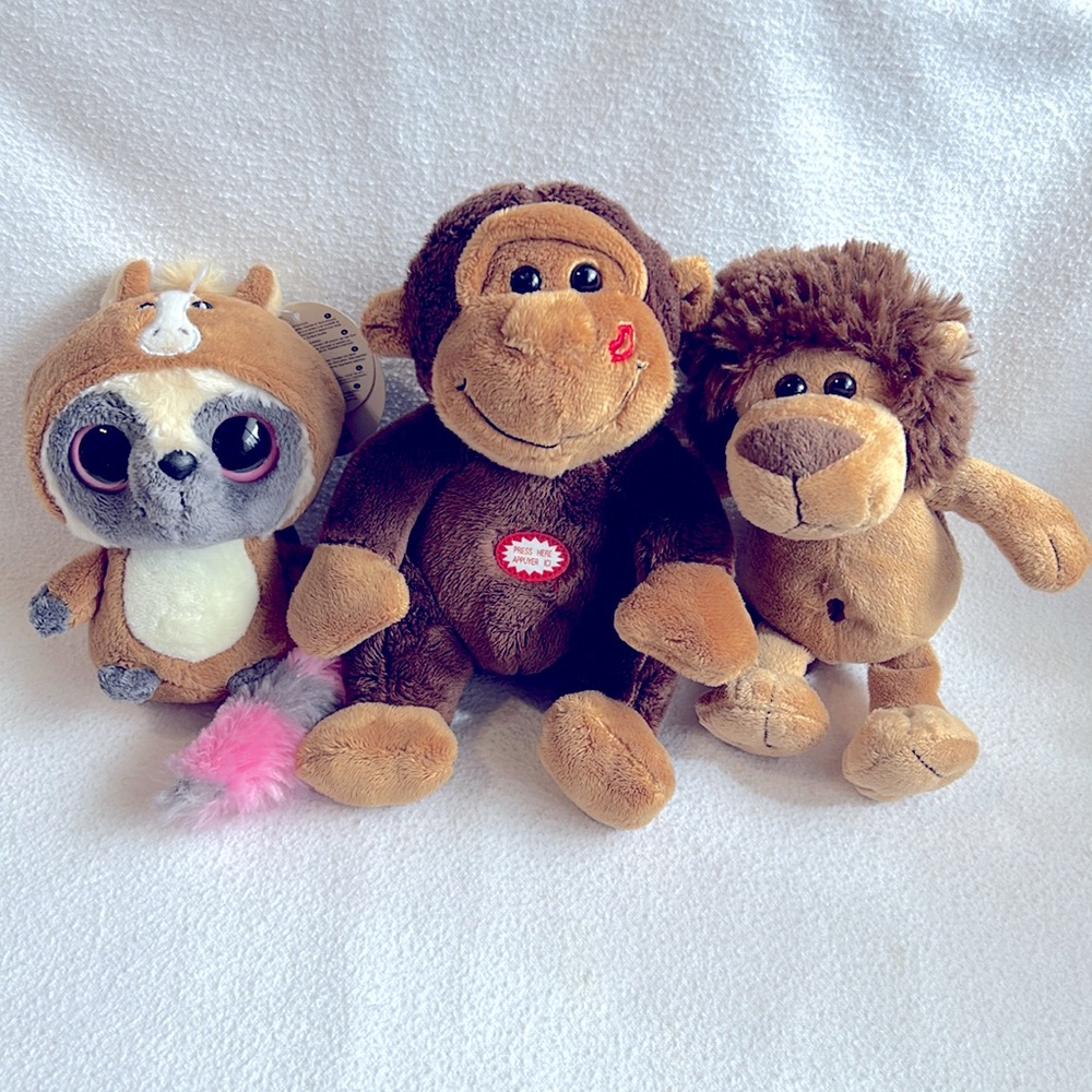 Trio of Plush African Animal Friends: Bush Baby, Monkey and Lion